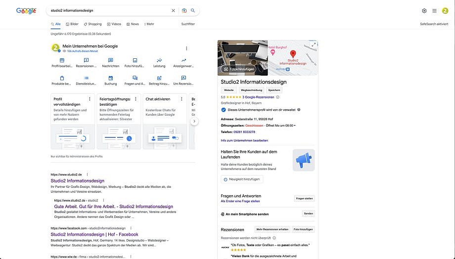 Google-Suche mit Werkzeugen zur Bearbeitung des Profils (links oben)